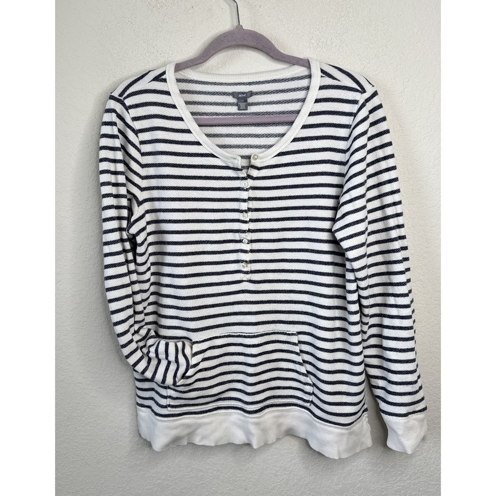 Aerie Striped Henley Sweatshirt Women's L Long Sleeve Kangaroo Pocket Nautical